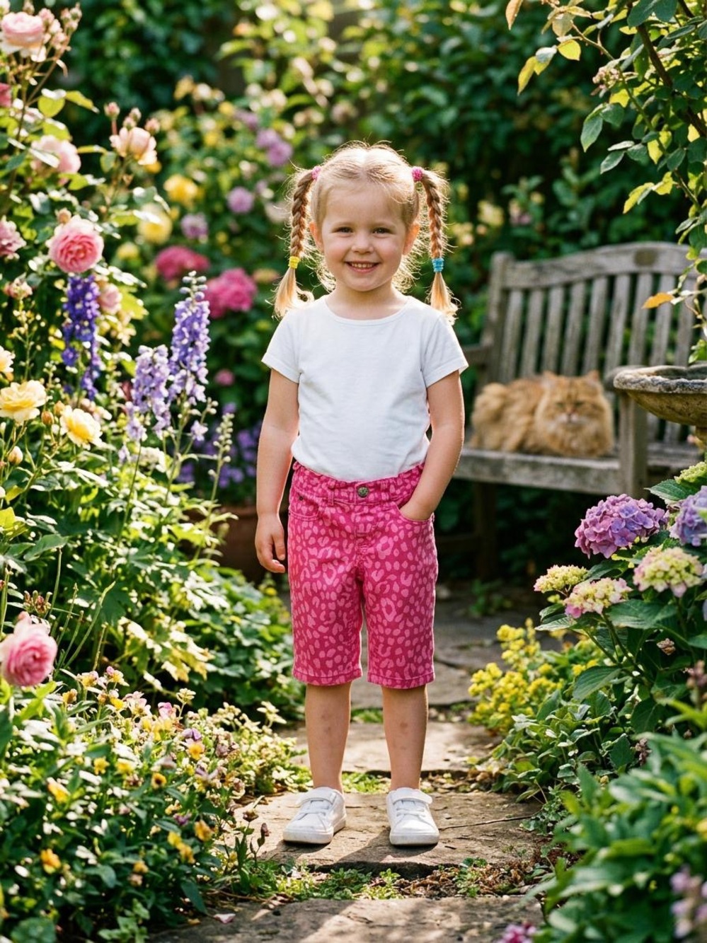 Girls' Pink Leopard-Print Knee-Length Shorts with Elastic Waist